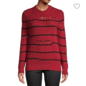 IRO Paris Cleon red and black pointelle stripe distressed knitted sweater top